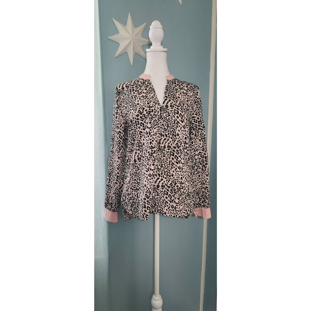 Banana Republic Semi Sheer Blouse Women's SP Black White Pink Leopard Print LS